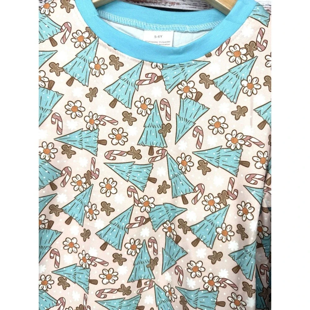 Boutique Girls Tree Holiday Christmas Neutral‎ Pajama Set Size 7-8 Blue